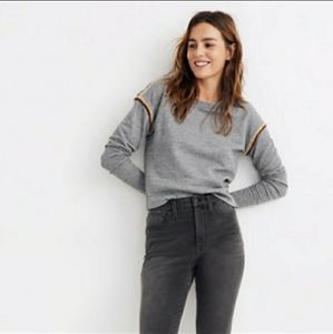 Madewell Miles Gray Cotton Embroidered Trim Crop Crewneck Sweatshirt M